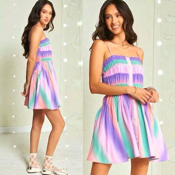Davi & Dani Dresses & Skirts - Smocked Button-Front Mini Sundress | Pockets |Pastel Rainbow | Davi & Dani